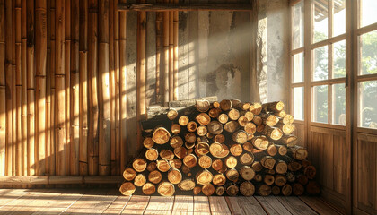 Stacked firewood logs sit indoors, illuminated by sunlight streaming through windows. The logs are against a bamboo wall.