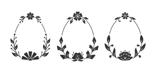 Three monochrome egg shape frames decorated by floral ornament, leaf branch, bloom spring twig foliage. Botanical engraving outline wreath, blossom flower petal stem, black white vignette template