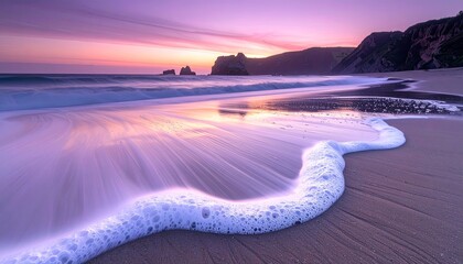 Ocean waves gently wash onto a sandy beach under a vibrant purple and pink twilight sky with rugged cliffs in the distance a serene coastal sunset landscape