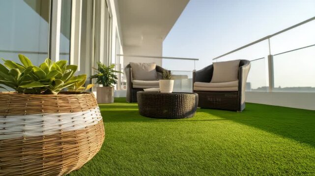 Stylish balcony with comfortable seating and green plants under clear blue sky in modern building during sunny day