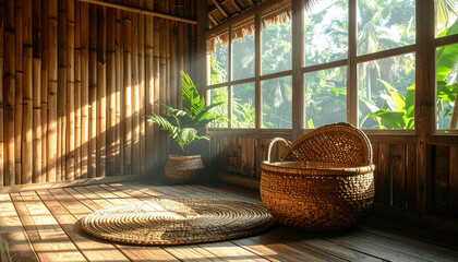 Interior of a cozy bamboo hut with natural light and a woven chair.