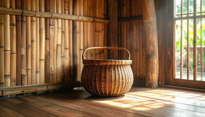 Woven basket sits on a wooden floor in a bamboo-walled room, with a glimpse of greenery through a window.