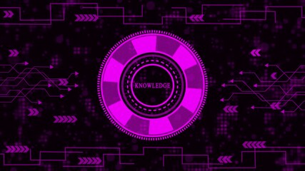 Futuristic hud interface showcasing a central circular element, encircled by digital circuits and arrows, all in a vivid purple tone against a dark setting, creating a high-tech atmosphere