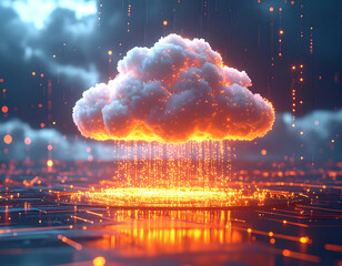 Conceptual image of a glowing cloud raining digital data onto a futuristic circuit board, representing cloud computing and information transfer.