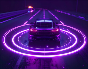 Sleek black electric vehicle with glowing purple light rings on a futuristic highway, showcasing advanced autonomous driving technology.