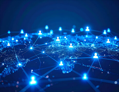 Blue digital world map with glowing connections and user icons, symbolizing global communication, social networks, and data flow.
