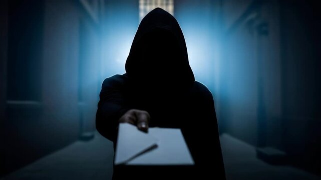 Man in shadowy hood offers mysterious envelope in dark alley, hinting at crime, secret message, or shady deal.