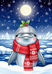 A dolphin in a red scarf, standing in the snow with snowflakes falling and a moon in the sky. A whimsical winter holiday illustration. Happy holidays, christmas spirit.