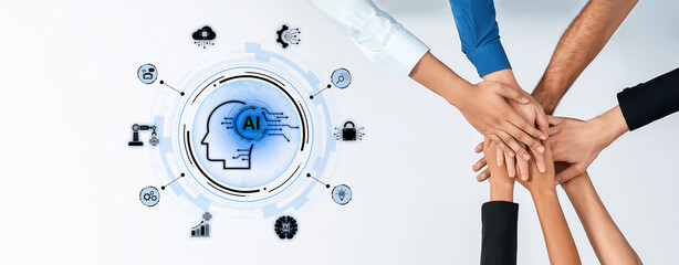 A concept of a global AI ecosystem centered on digital intelligence. Network integrates diverse...