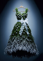 Festive dress made of fir branches adorned with silver ornaments and a white bow hanging on a hanger. A creative holiday concept. Christmas glamour, seasonal fashion, winter celebration.