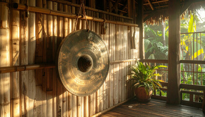 A large gong hangs on a bamboo wall inside a rustic, open-air structure, with lush greenery visible.