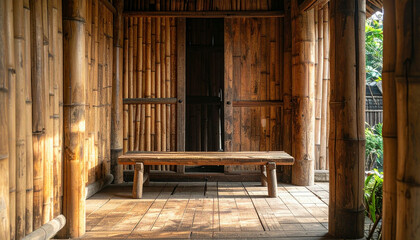 A rustic bamboo structure featuring a wooden bench inside, with bamboo walls, posts, and flooring.