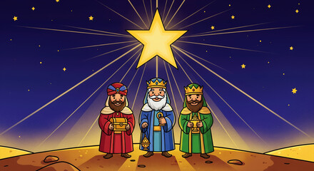 Three wise men standing under a shining star on desert landscape. Cartoon illustration depicting the magic and wonder of Epiphany. Nativity scene, christian faith, religious celebration.