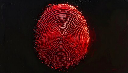 A close-up view presents a crimson fingerprint against a stark black background, emphasizing intricate ridge details. The central focus is a distinct swirl pattern