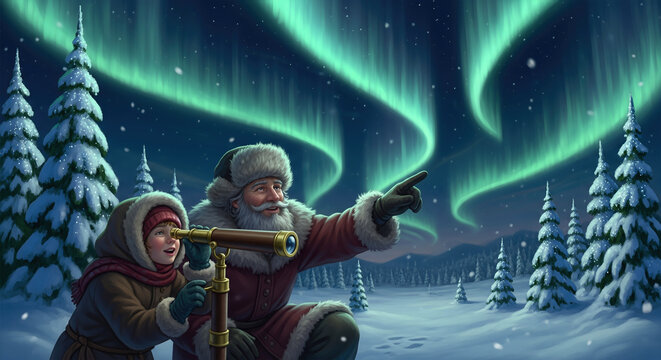 Santa and child look at the aurora borealis with a telescope. A heartwarming scene of discovery and wonder. Holiday spirit, childhood dreams, celestial spectacle.