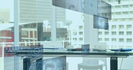 Glass table showing cups notes pens and smartphone in office, with white stools and hologram panels © vectorfusionart