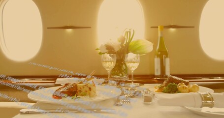 Featuring gourmet plated meals in private jet cabin, with wine, flowers and salt and pepper shakers