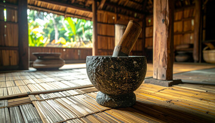 Mortar and pestle on woven mat inside a rustic wooden structure, with a view of green foliage.