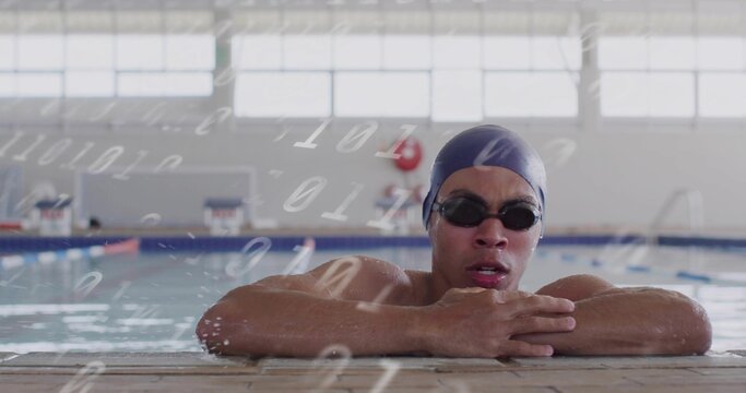 Leaning swimmer looking at floating binary digits across tiled pool deck, with swim cap and goggles