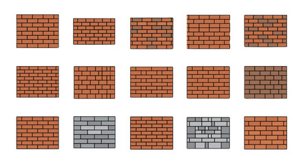Collection of fifteen diverse brick wall patterns and textures presented in a flat, cartoonish vector style, ideal for graphic design and architectural visualization. Includes various brick colors
