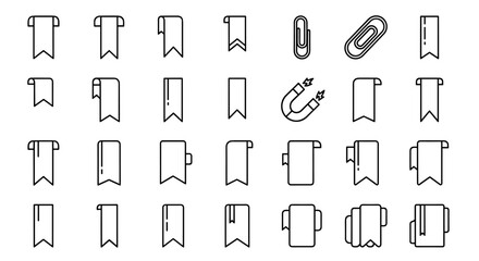 Collection of outline bookmark icons with editable stroke, perfect for infographics, articles, books, flyers, and banners, presented as a vector cartoon illustration with a white background