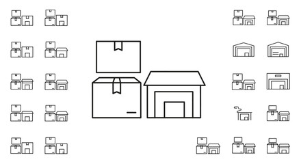 Thin line icons representing boxes and warehouses, symbolizing storage, logistics, and delivery services, presented as a clean vector illustration on a white background, perfect for web, books, and