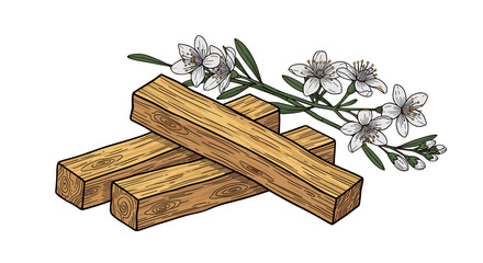 Vector hand-drawn illustration of Palo Santo wood sticks with delicate white flowering sprigs and green leaves, set against a black background, evoking natural aromatherapy and spiritual cleansing