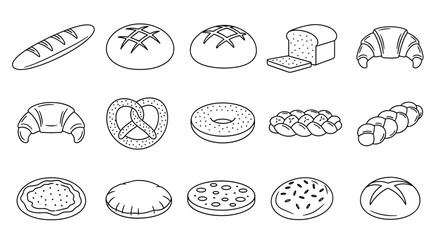 Collection of simple linear outline illustrations of various baked bread products, including baguettes, loaves, croissants, pretzels, donuts, and braided bread, perfect for web, books, cards, and
