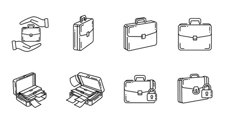 A minimalist, clean, and modern vector illustration depicting a briefcase held securely between two hands, presented in a simple outline linear style, perfect for graphic design, web design, app