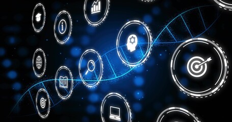 Spiraling icons weaving along DNA strand in tech space, with education data search computing themes