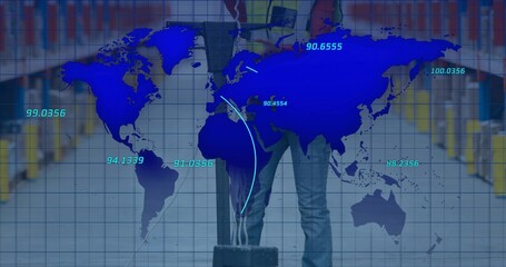 Standing woman in travel clothes holding tablet at airport corridor, with suitcase and map overlay