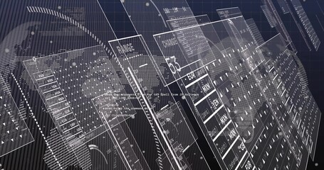 Displaying semi-transparent panels floating in virtual dashboard, showing currency codes and maps