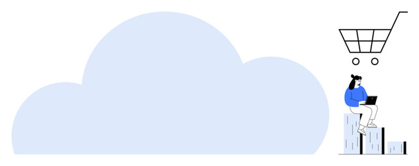 Woman using laptop seated on stacks of data servers beneath a large cloud graphic. Shopping cart above signifies cloud-based online retail. Ideal for technology, e-commerce, cloud computing