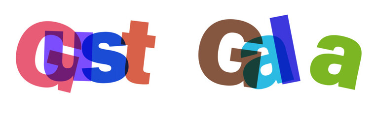 Dynamic overlapping 3d text design for gust gala featuring bold typography and vibrant color gradients for festive events and celebrations