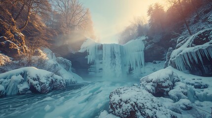 Majestic frozen waterfall in a winter forest with sunlight