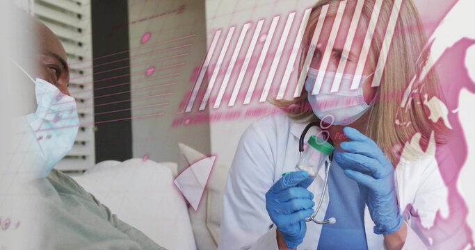 Holding medical vial, masked doctor in white coat showing it in hospital room, with data overlay