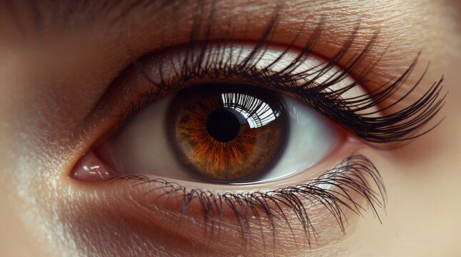 Close up macro shot of a beautiful brown human eye with long lashes - Powered by Adobe