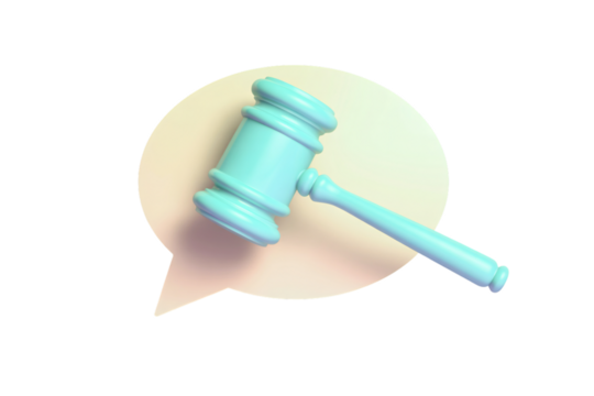 3D render of judge gavel icon symbolizing law, justice, and court decision on pastel background
