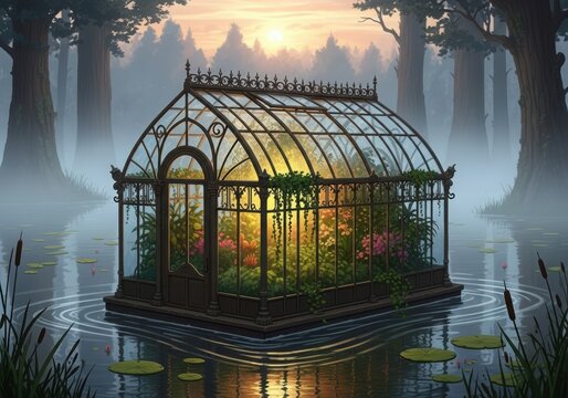 Illustration of ornate greenhouse floating on misty water at sunrise or sunset