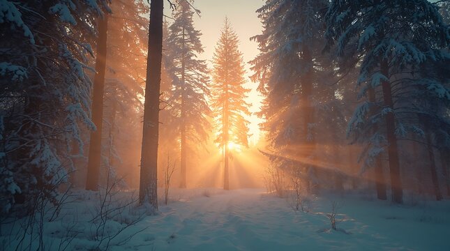 Sunlight streams through tall trees in a misty forest at dawn