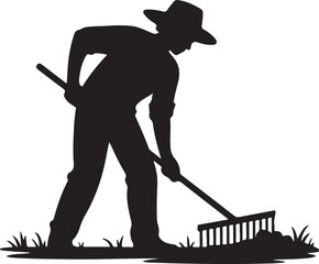 Black and white silhouette of a person wearing a hat raking grass and dirt farmer gardener