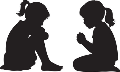 Two young girls in silhouette one sitting with knees to chest the other kneeling with hands clasped
