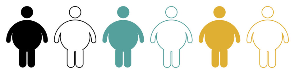 Vector illustration of fat man silhouettes in multiple colors and styles, representing obesity, diabetes, and lifestyle disease issues.
