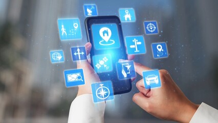 GPS icons show navigation, GPS tracking, and location. GPS supports real time maps, direction, and GPS navigation services for mobility and transport. Gist