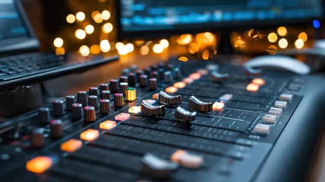 Mixing music at a recording studio with colorful lights creating a cozy atmosphere in the evening