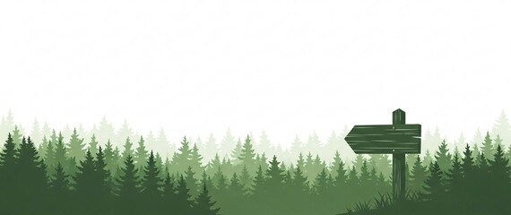 An illustrative panorama depicting a lush evergreen forest with a vintage wooden signpost, symbolizing decisions, new directions, and the serene beauty of the natural world awaiting discovery