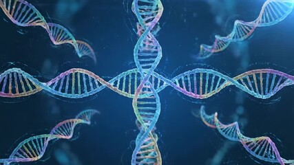 Abstract scientific illustration featuring multiple colorful double helix DNA molecules on a dark blue background with light effects - Powered by Adobe