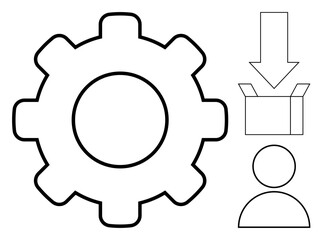 Gear symbolizing system operation, arrow pointing to a box for inputoutput, and user icon for engagement. Ideal for workflow, process, resource management, automation, planning, development simple