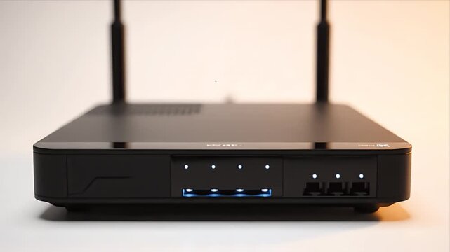 Close-up shot of a modern WiFi 6 router with antennas