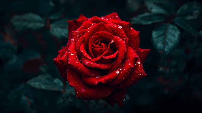 Close up of a single red rose with water droplets on its petals - Powered by Adobe